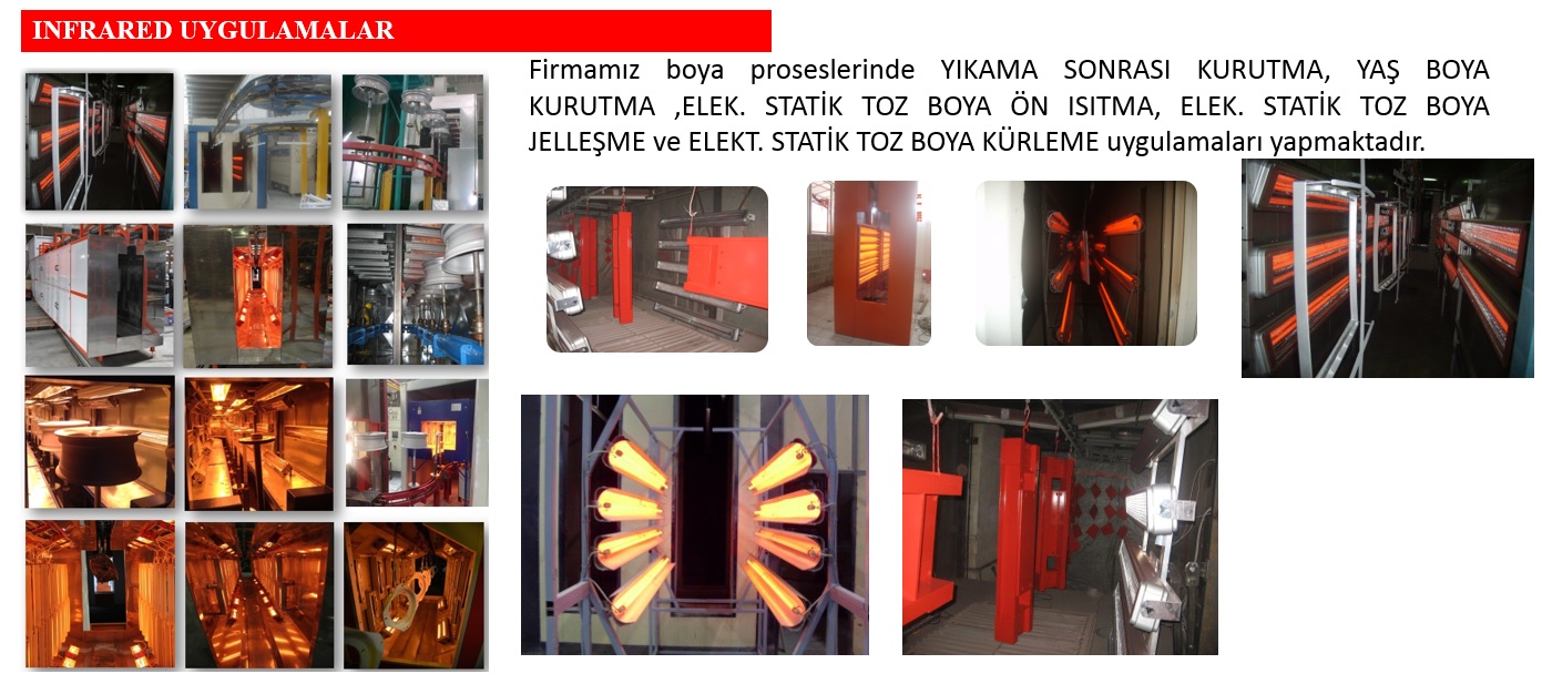 İnfrared Kurutma Fırınları, Elektrikli Kurutma Fırınları, Doğalgazlı Kurutma Fırınları, Fikse Fırınları, Fikse Fırını, Dijital Baskı Kurutma Fırını, Cam Serigrafi Kurutma Fırını, Boya Kurutma Fırını, Toz Boya Kurutma Fırını, İnfrared Pişirme Fırınları, İnfrared Toz Boya Fırınları, İnfrared Yaş Boya Fırınları, İnfrared Tünel Fırınlar,
